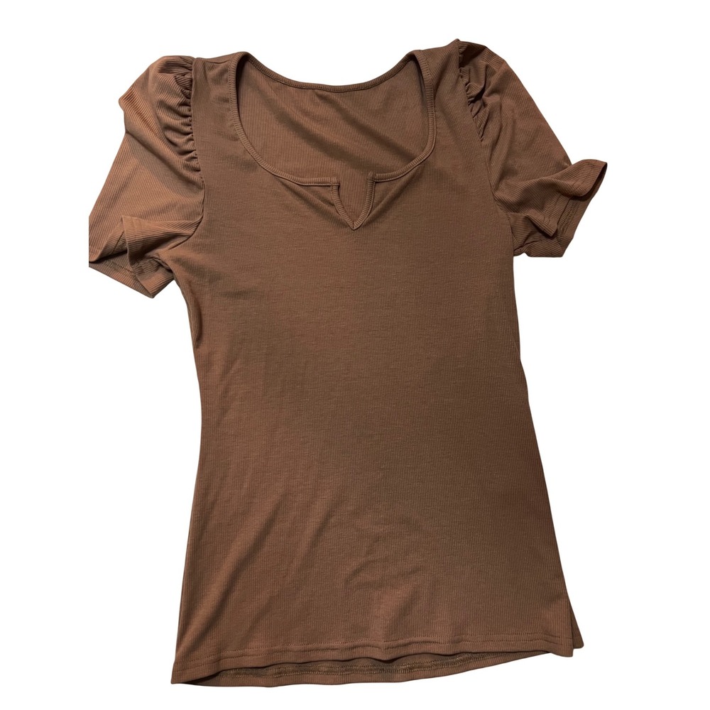 Khaki Brown Ribbed Notched Neck Puffed Short‎ Sleeve Top PY0900 Medium
